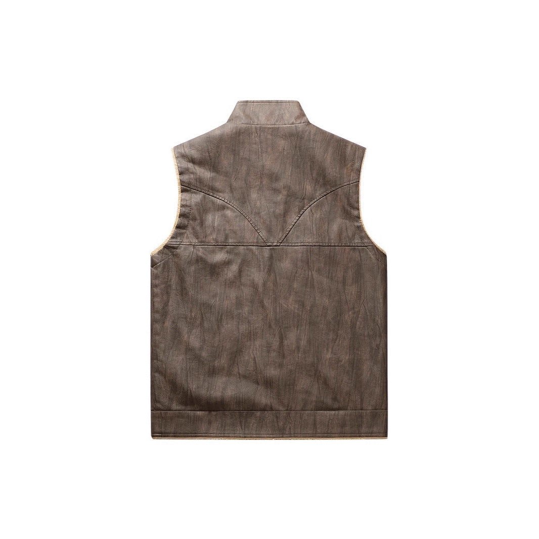 Men's Sleeveless Faux Leather Teddy Vest with Stand Collar and Zipper Pockets Mune Fashion