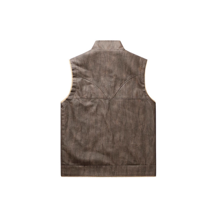 Men's Sleeveless Faux Leather Teddy Vest with Stand Collar and Zipper Pockets Mune Fashion
