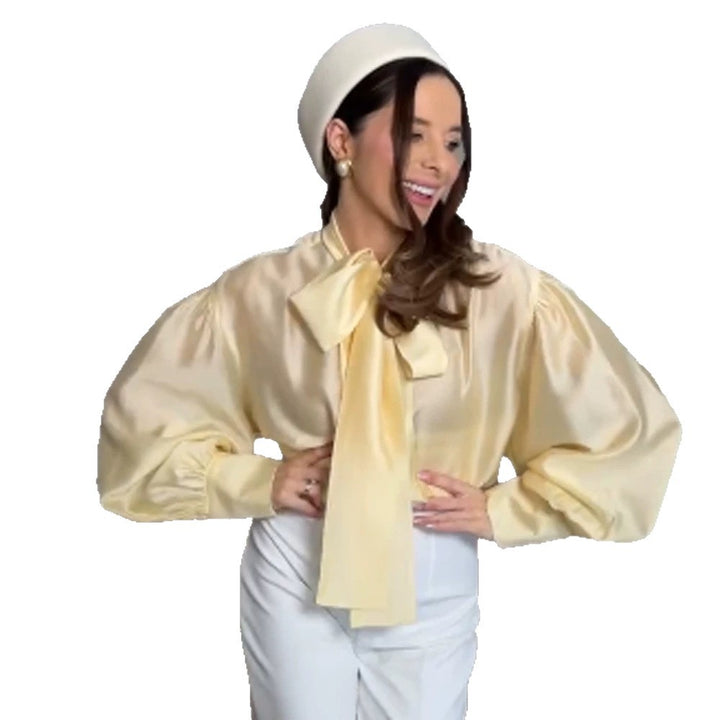 Women's Satin Bow Blouse with Balloon Sleeves & Wide Cuffs Mune Fashion