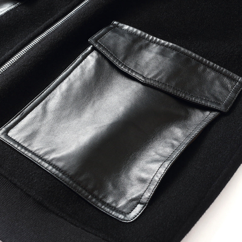 Men's Zip Woolblend Jacket with Leather Collar and Slim Silhouette Mune Fashion