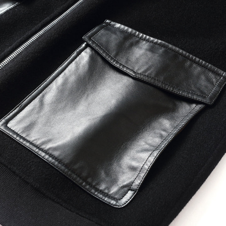 Men's Zip Woolblend Jacket with Leather Collar and Slim Silhouette Mune Fashion