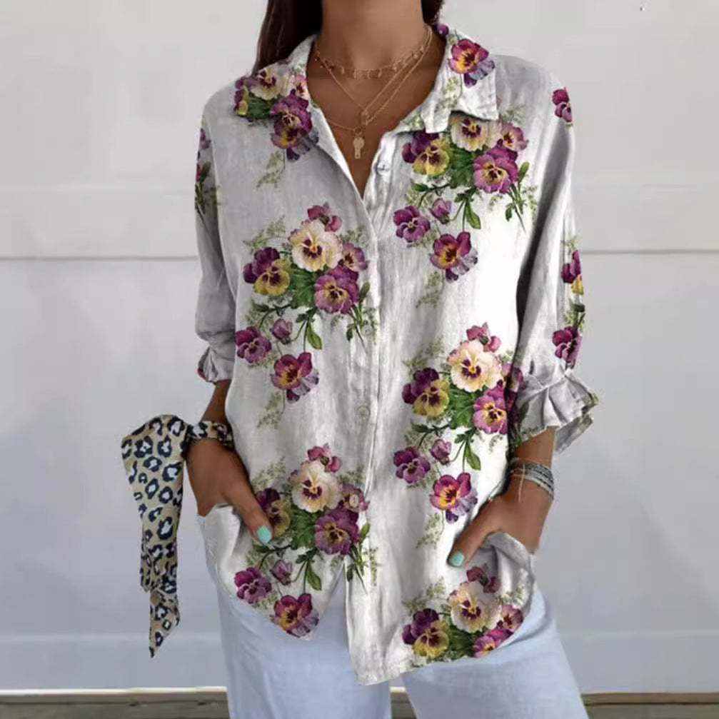 Women's lightweight linen-look shirt blouse with floral pattern, loose fit, roll-up sleeves, and patch pockets Mune Fashion