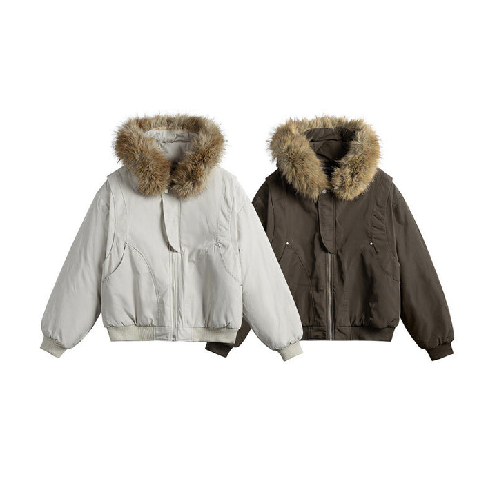 Women's short insulated field bomber jacket with hood and removable faux fur trim Mune Fashion