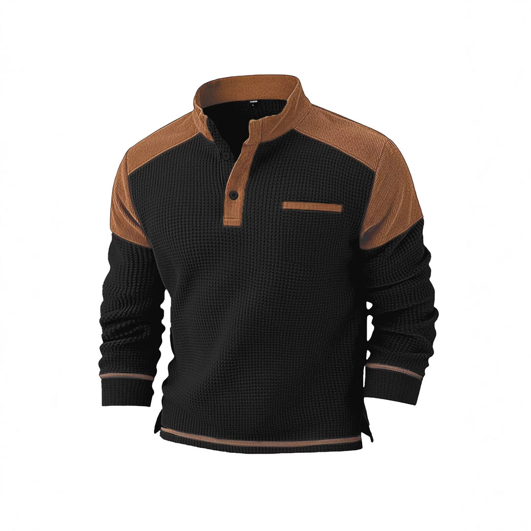 Men's waffle knit henley with stand-up collar, cord shoulder yoke and chest piping Mune Fashion