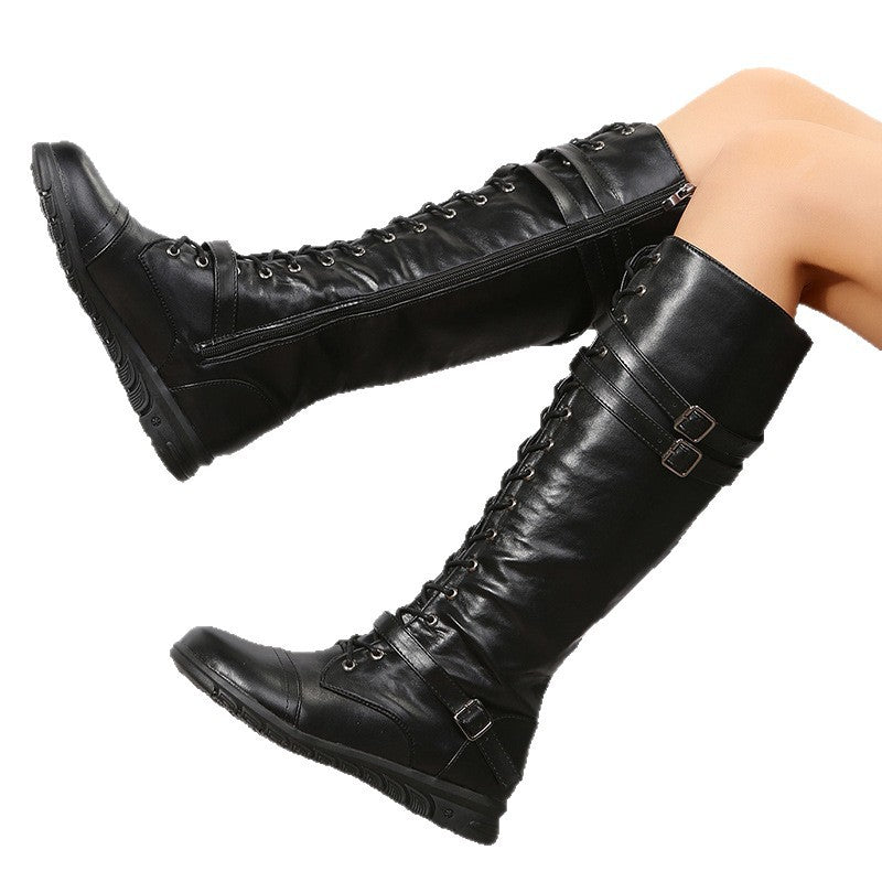 Women's knee-high military-inspired lace-up boots with side zipper, adjustable decorative straps, and shock-absorbing profile sole Mune Fashion