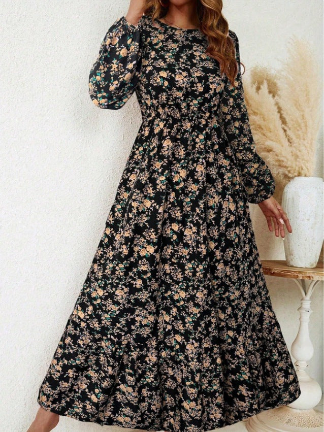 Women's Floral Midi Dress with Elastic Waistband, Long Balloon Sleeves and Ruffle Tier