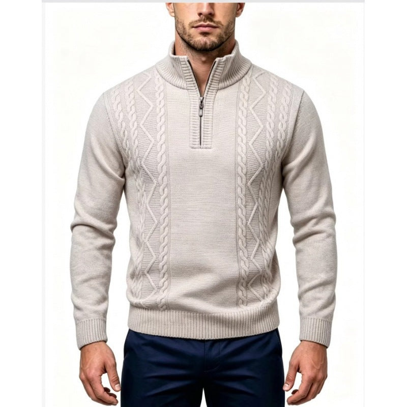 Men's Structured Half-Zip Pullover with Stand-Up Collar and Cable Knit Details Mune Fashion