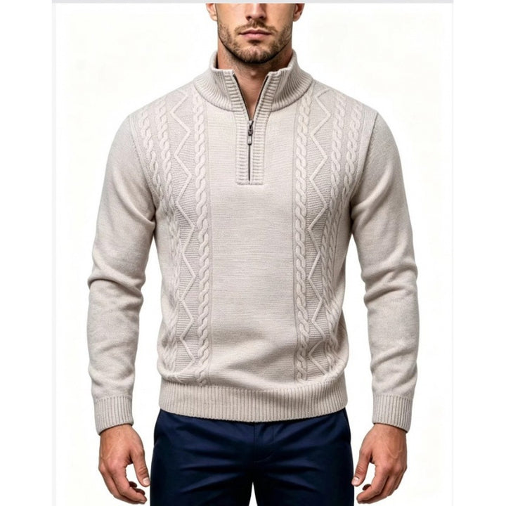 Men's Structured Half-Zip Pullover with Stand-Up Collar and Cable Knit Details Mune Fashion