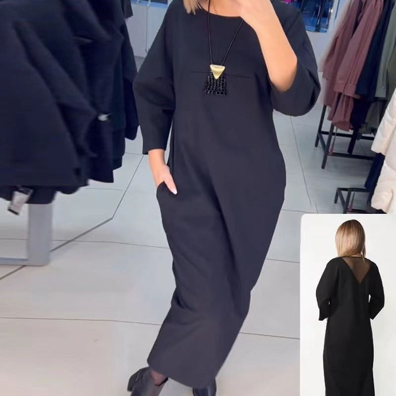 Women's straight maxi dress with ankle-length silhouette, half-length sleeves, side pockets, and transparent V-back Mune Fashion