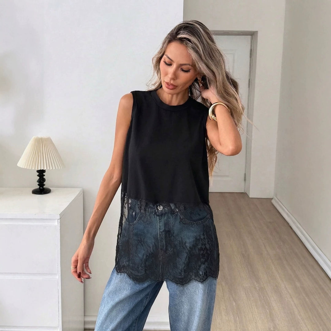 Women sleeveless loosely cut top with lace overlay and round neck Mune Fashion