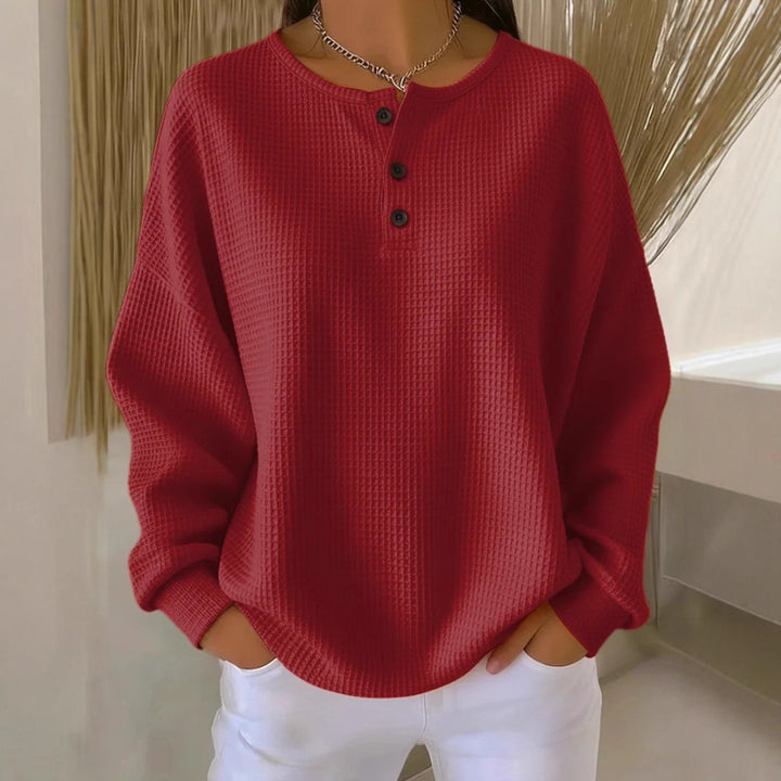 Women's Oversized Waffle Knit Henley Sweater with Button Placket and Rounded Hem Mune Fashion