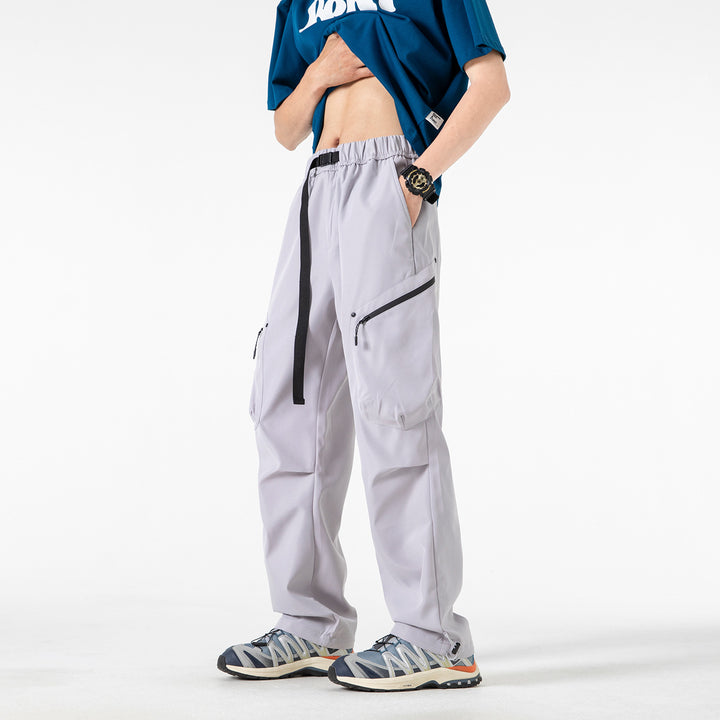 Men's Loose Utility Cargo Pants with Elastic Waistband, Zipper Pockets, and Adjustable Hem Drune