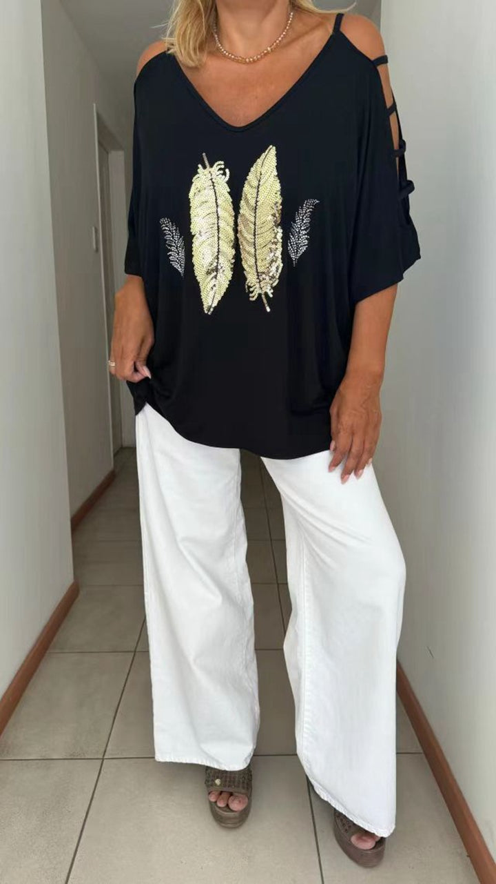 Ladies loose-fitting blouse shirt off-shoulder design with sequin-feather application and split sleeves Mune Fashion