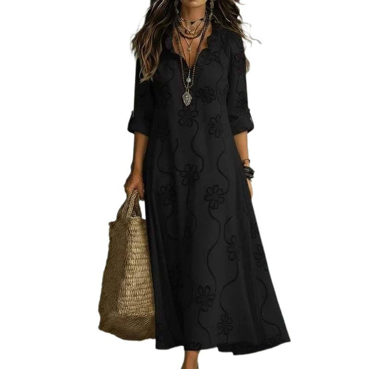 Women Long Boho Maxi Dress with Floral Embroidery and V-Neck Mune Fashion