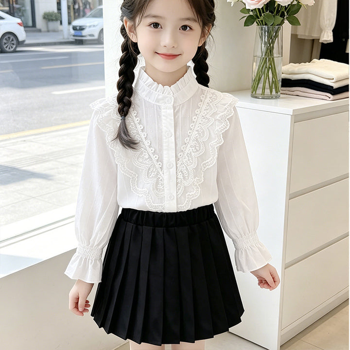 Girls elegant blouse with ruffle details and lace trim Mune Fashion