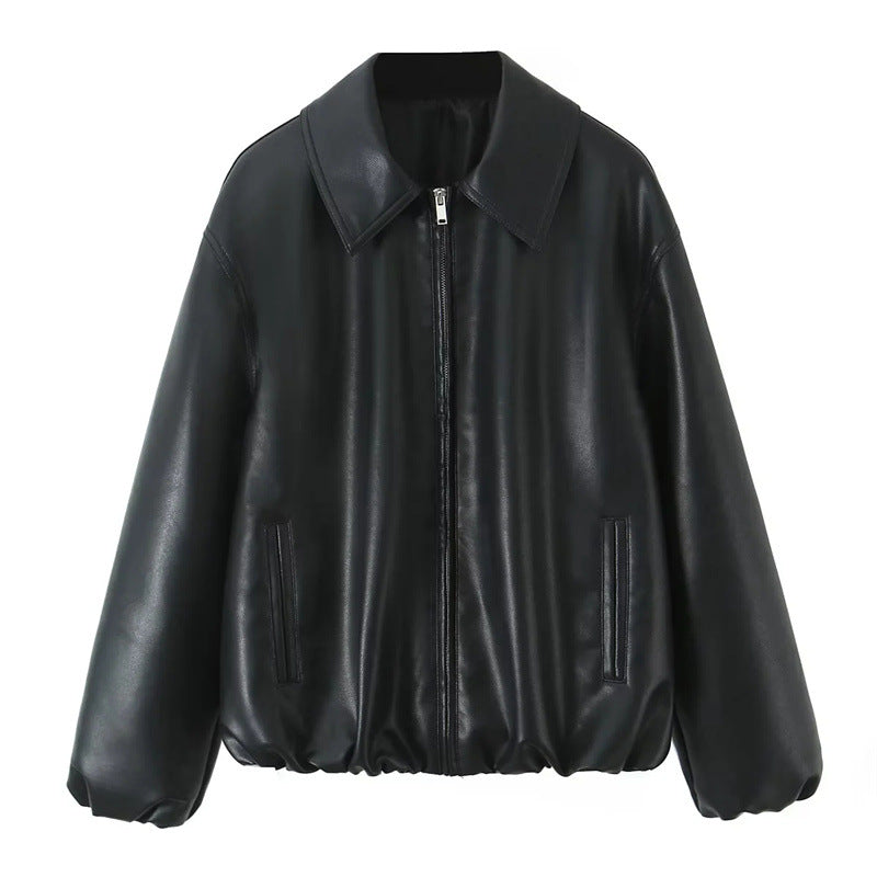 Women's Oversize Faux Leather Bomber with Shirt Collar, Concealed Zipper and Balloon Sleeves Mune Fashion