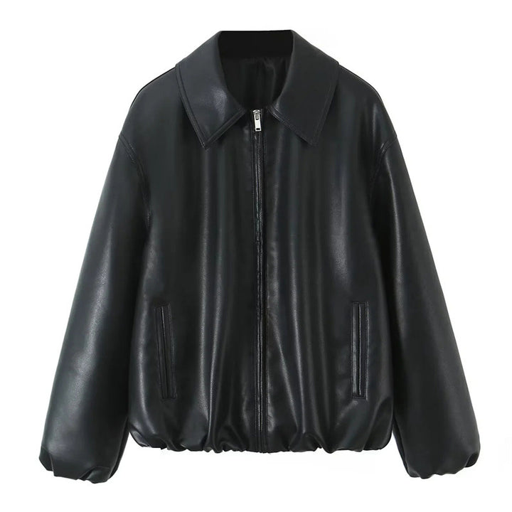 Women's Oversize Faux Leather Bomber with Shirt Collar, Concealed Zipper and Balloon Sleeves Mune Fashion