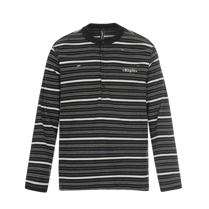 Men's Long Sleeve Henley Shirt with Striped Pattern and Distressed Details Mune Fashion