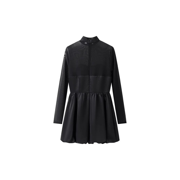 Women's Short Evening Dress with Stand Collar, Transparent Mesh Sleeves and Corset Look Mune Fashion