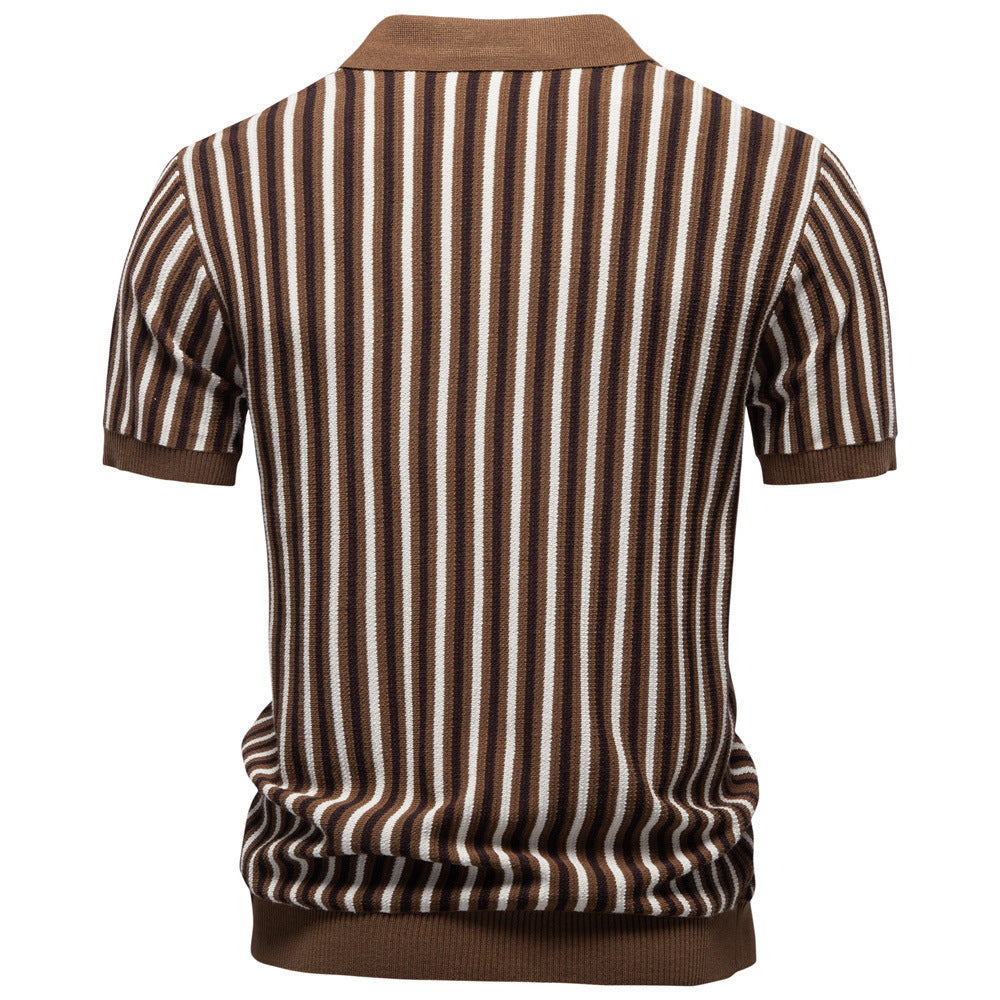Men's striped knit polo shirt short sleeve made of fine cotton blend with polo collar and ribbed cuffs Mune Fashion