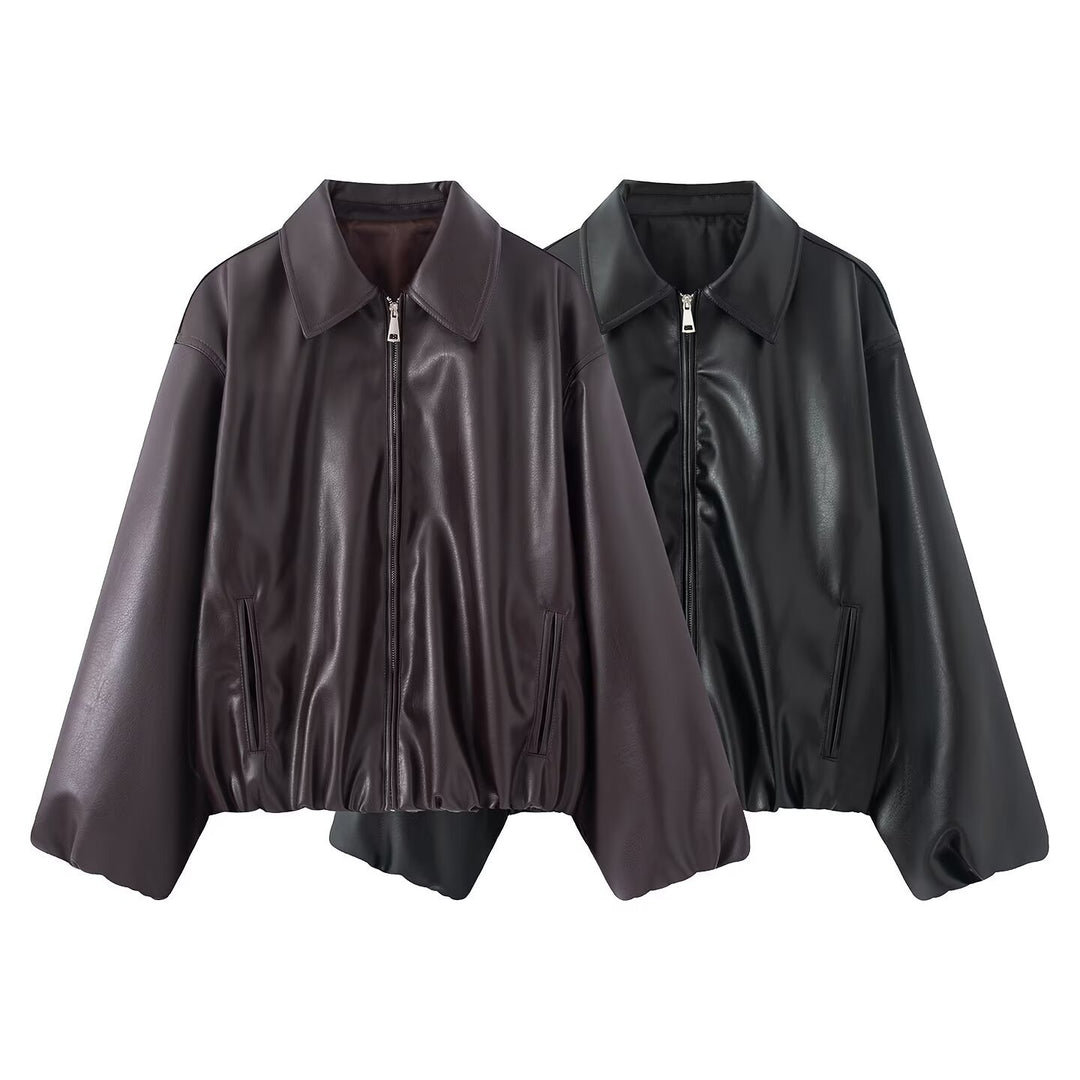 Women's Oversized Faux Leather Blouson Jacket with Collar, Zipper and Elastic Hem Mune Fashion