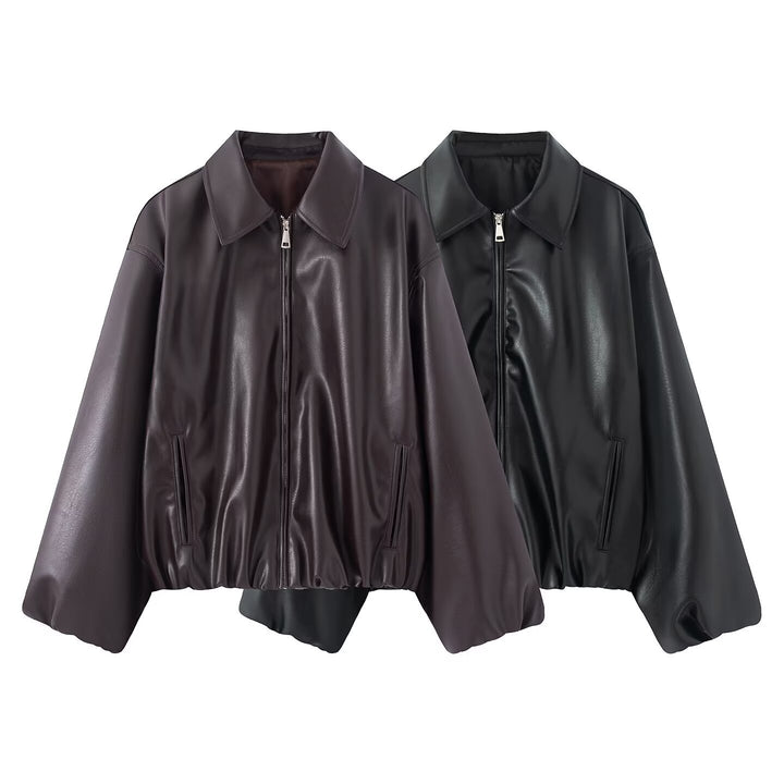 Women's Oversized Faux Leather Blouson Jacket with Collar, Zipper and Elastic Hem Mune Fashion