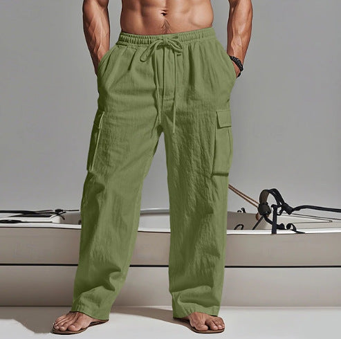 Men's loosely cut linen cargo pants with elastic waistband and drawstring Mune Fashion