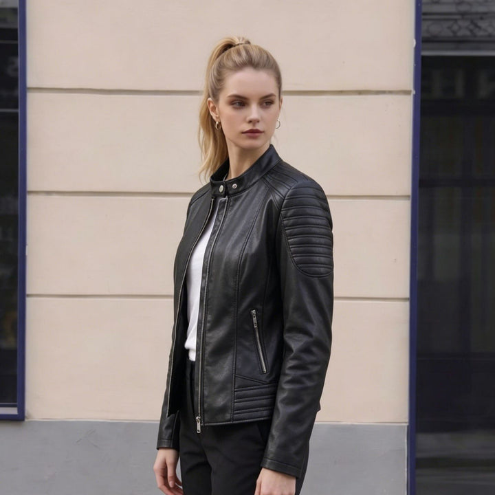 Women's Tailored Faux Leather Biker Jacket with Stand Collar and Quilted Details Mune Fashion