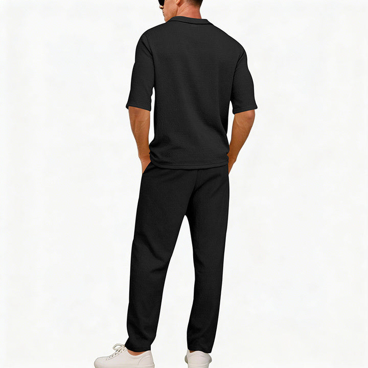 Men's crepe structure leisure set with open lapel collar and straight comfort trousers with side pockets Mune Fashion