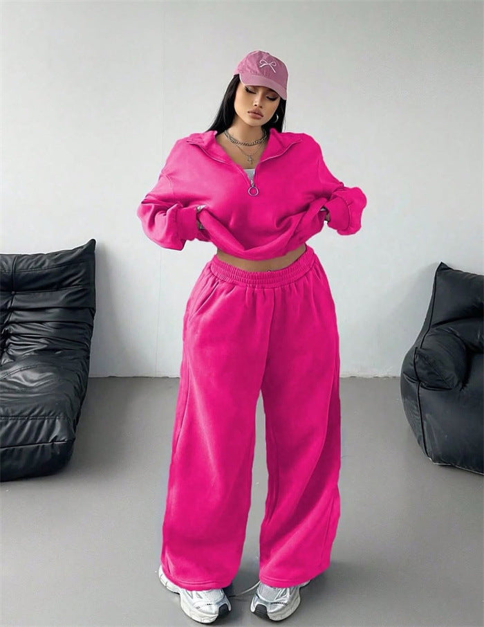 Women Velvet Cropped Zip Hoodie and Loose-Fitting High-Waist Palazzo Jogging Pants Mune Fashion