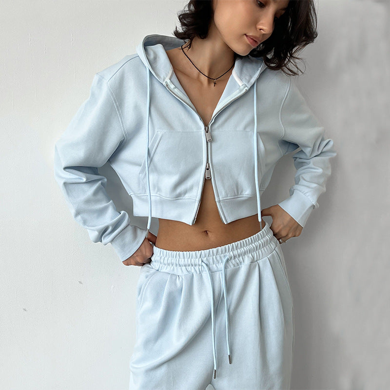 Women's Short Zip Hoodie Set with High-Waisted Wide Lounge Pants Mune Fashion