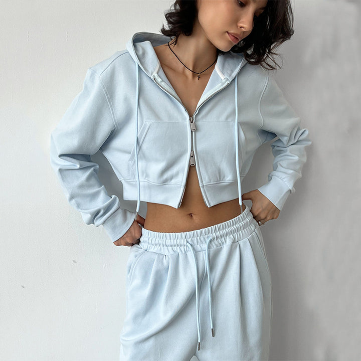 Women's Short Zip Hoodie Set with High-Waisted Wide Lounge Pants Mune Fashion
