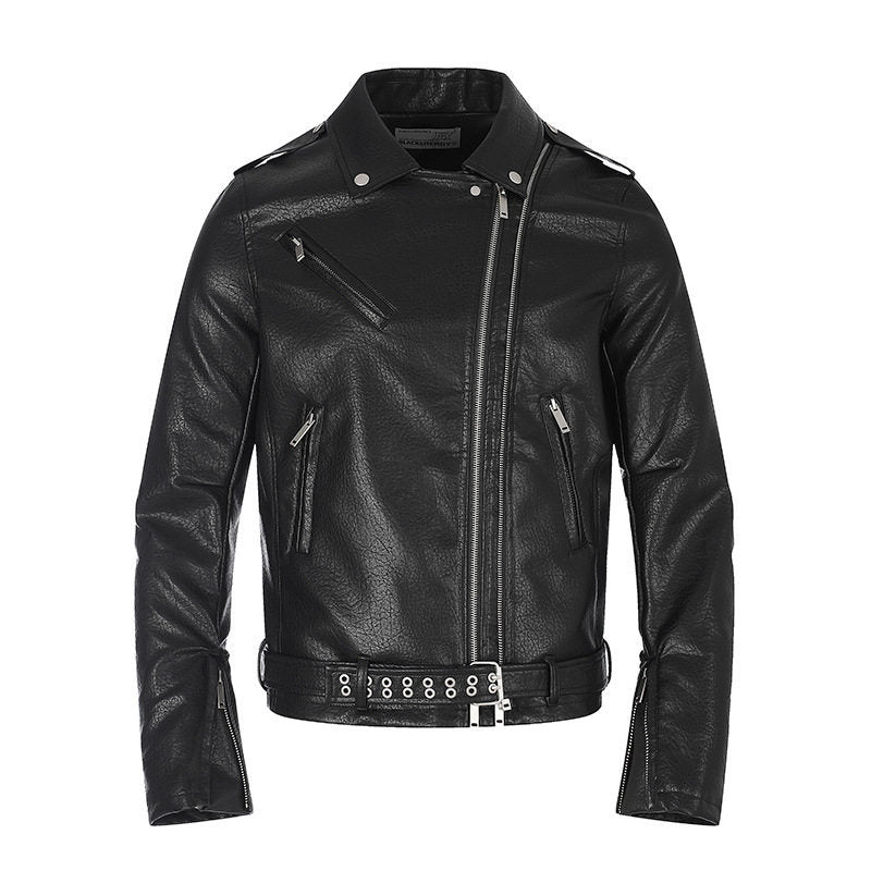 Men's tailored biker jacket made of synthetic leather with asymmetric zipper and studded waist belt Mune Fashion