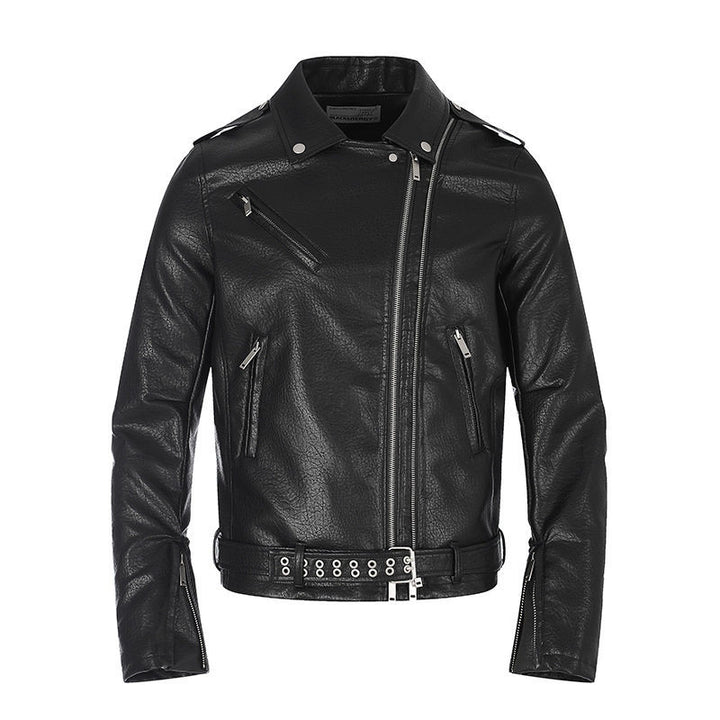 Men's tailored biker jacket made of synthetic leather with asymmetric zipper and studded waist belt Mune Fashion