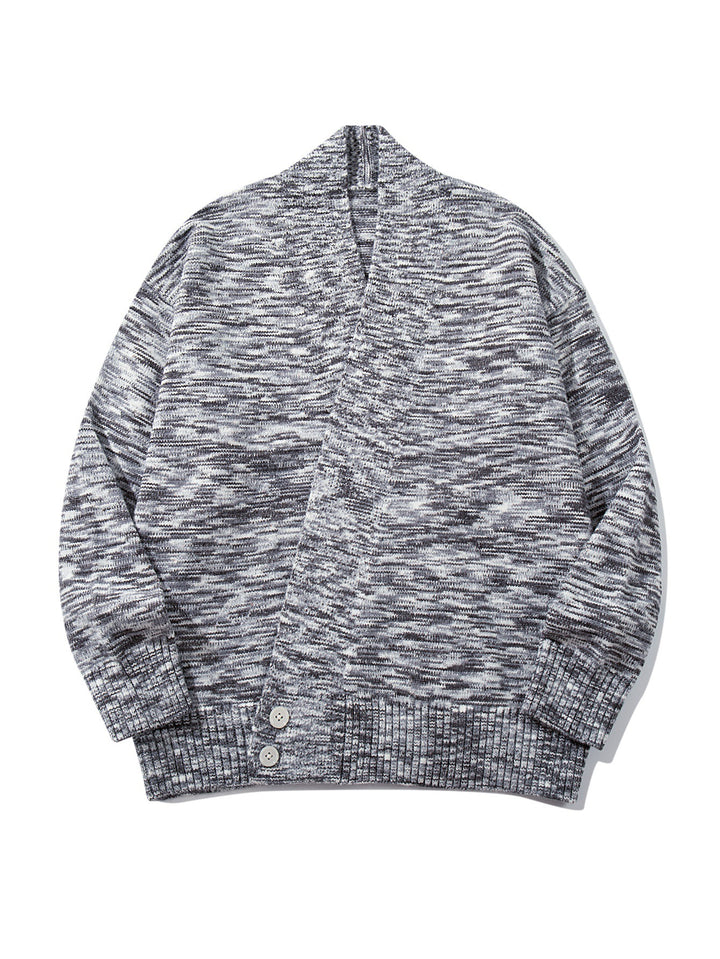 Women Oversize Knit Cardigan with Deep V-Neck, Button Placket at Hem and Melange Structure Mune Fashion