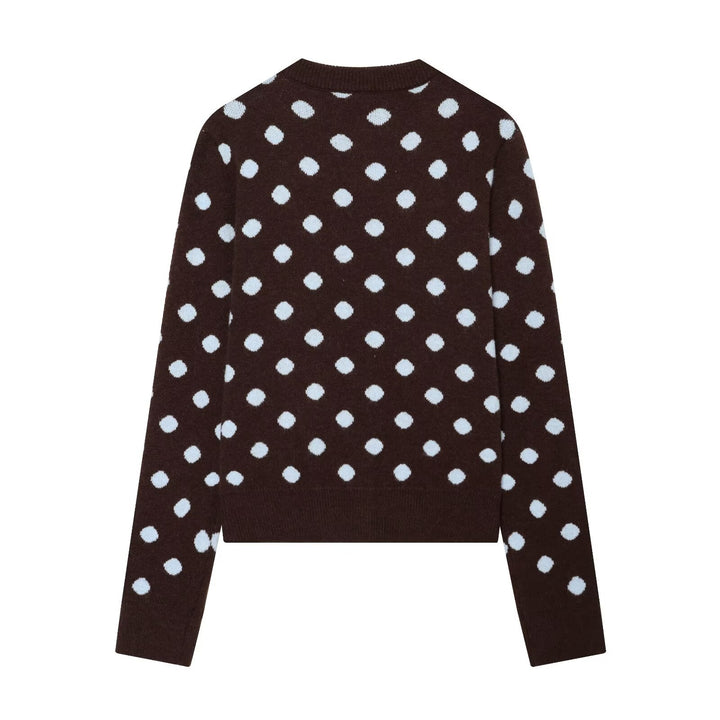 Ladies Polka Dot Short Cardigan with Round Neckline and Button Placket Drune