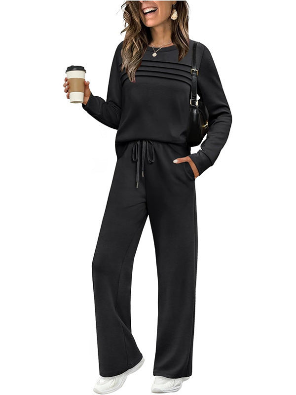 Women's Two-Piece Lounge Set with Pleated Detail, Round Neck Sweatshirt and Wide Cord Trouser Mune Fashion
