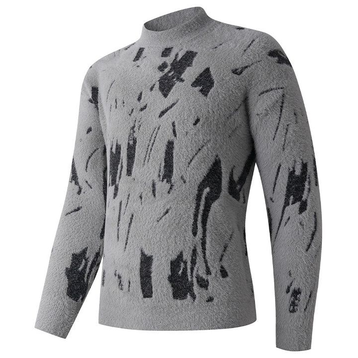 Men's Structured Mock Neck Sweater with Abstract Brush Pattern Mune Fashion