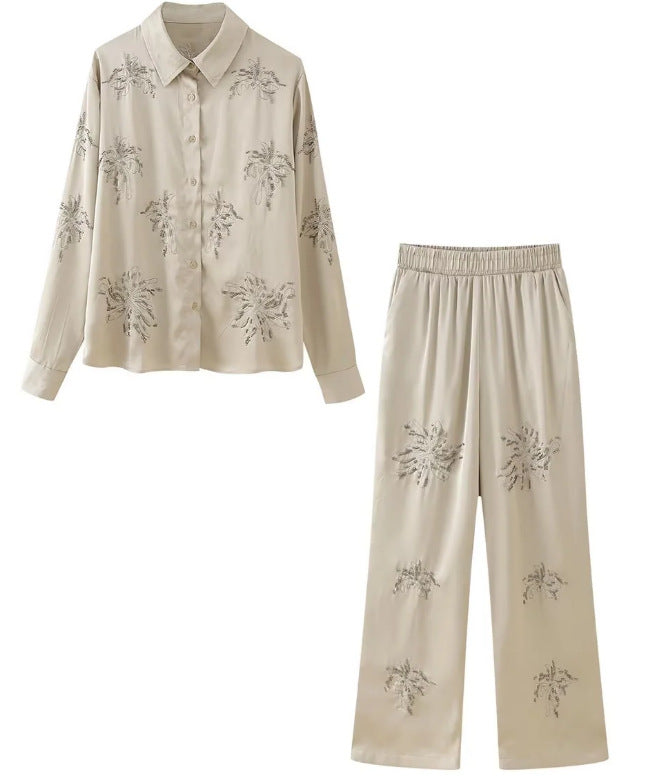 Women's embroidered silk-look blouse with sparkling crystal embellishments and shirt collar Mune Fashion