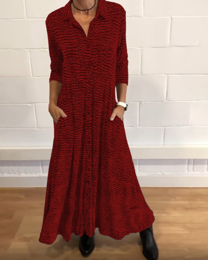 Ladies' flowing maxi dress with shirt collar, half-length sleeves, and side pockets Mune Fashion