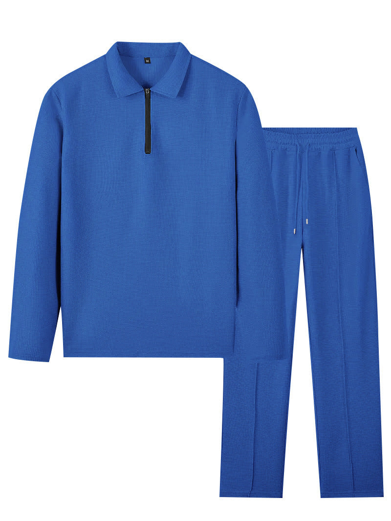 Unisex Nan Waffle Structure Leisure Set with Half-Zip Polo Shirt and Elastic Waist Pants Mune Fashion