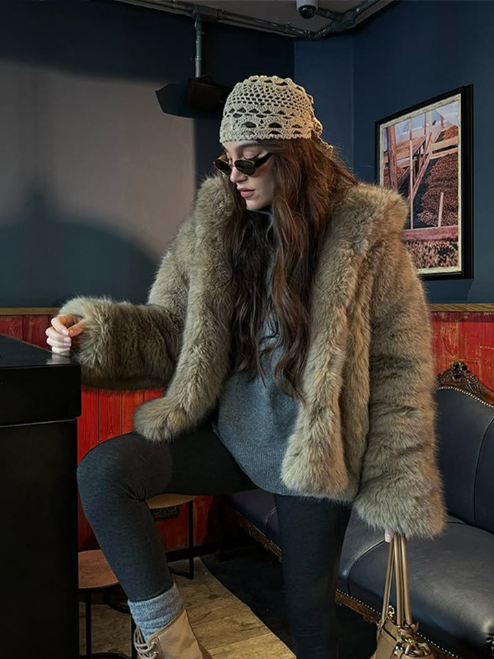Women's Boxy Faux Fur Jacket in Teddy Look with Oversized Shawl Collar Mune Fashion