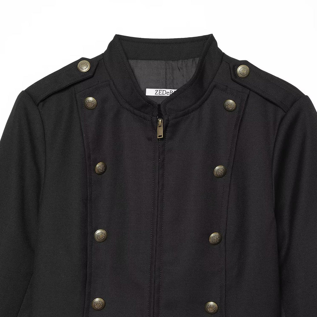 Women's fitted military jacket in blouson style with stand-up collar and double decorative button placket Drune
