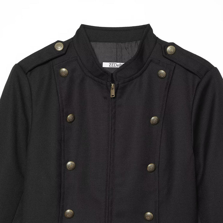 Women's fitted military jacket in blouson style with stand-up collar and double decorative button placket Drune
