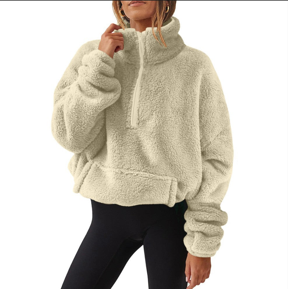 Women’s Oversize Half-Zip Teddy Fleece Pullover with Kangaroo Pocket and High Stand Collar Mune Fashion