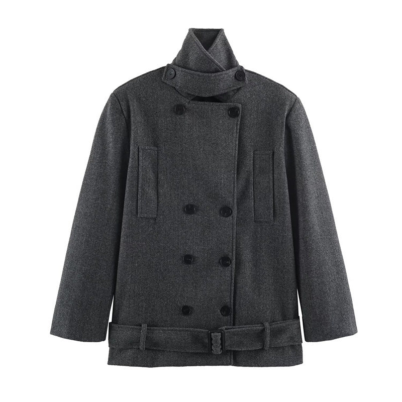 Men's short double-breasted wool coat with stand collar and waist belt Mune Fashion