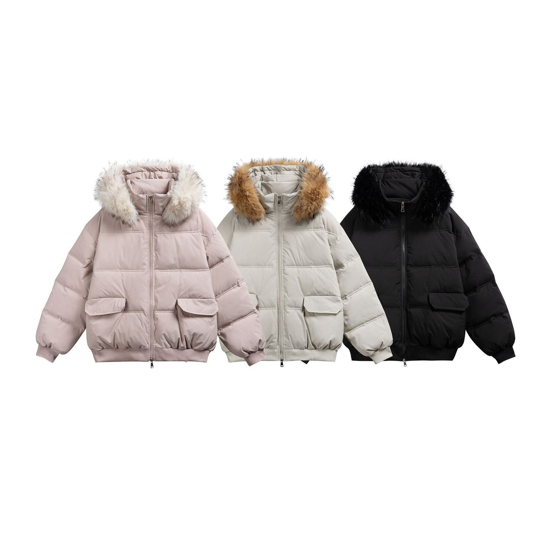 Women's Boxy Puffer Jacket with Hood and Voluminous Faux Fur Collar Mune Fashion