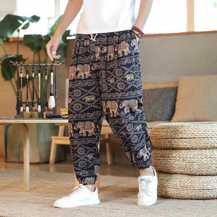 Men's Wide Harem Pants in Boho Print with Elastic Drawstring and Ruffled Anklebands Mune Fashion