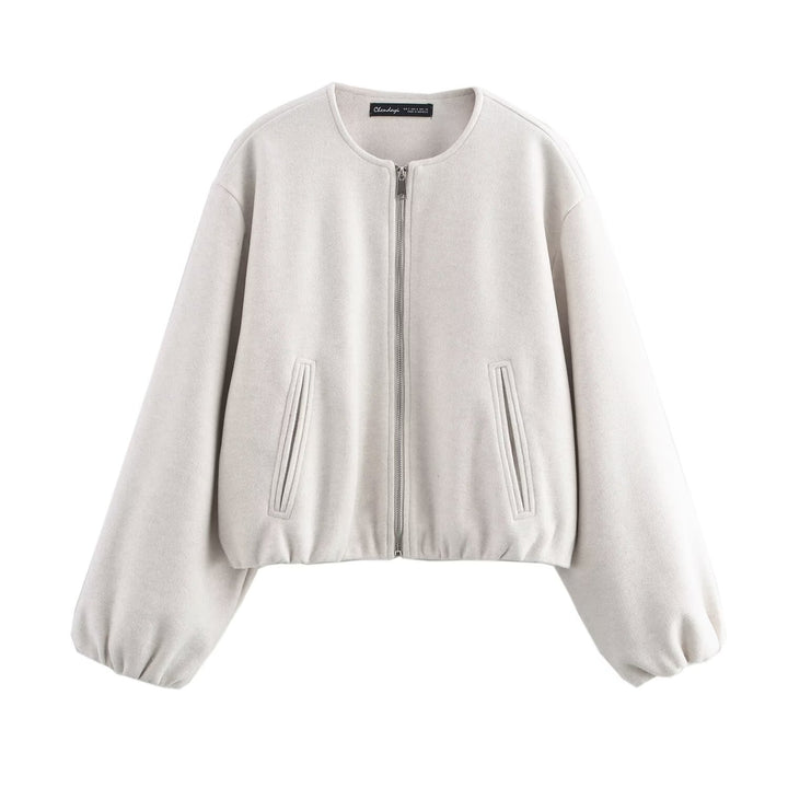 Ladies short-cut suede-look bomber jacket with round neck and balloon sleeves Mune Fashion