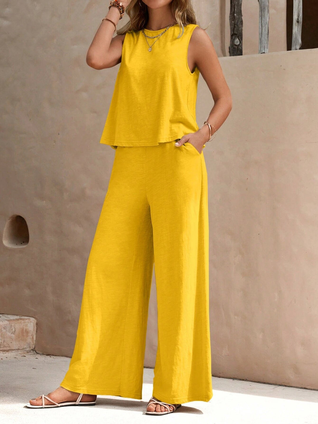 Women Two-Piece Jersey Set with Sleeveless Top and Wide Palazzo Pants Mune Fashion